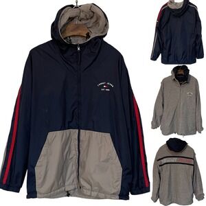 Tommy Hilfiger Jeans Reversible Hooded Zip Up Jacket Blue Stripe Track Y2K XL